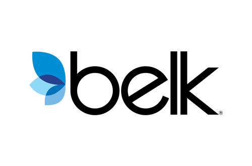Belk Logo - Black sans-serif type with 3 leaves in varying shades of blue to left