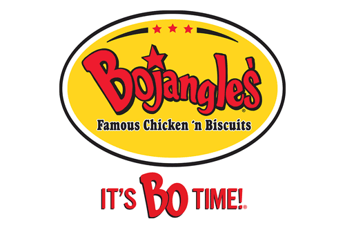 Bojangles Logo - Red and blue serif type inside yellow circle with black border and red type below