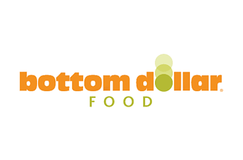 Bottom Dollar Foods Logo - Orange sans-serif type with green circles making the letter o in dollar