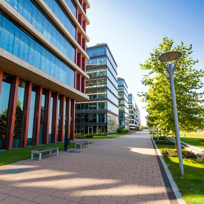 Modern apartment buildings made mostly of glass