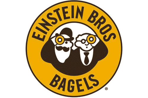 Einstein Bros Bagels Logo - Black sans-serif type inside warm yellow circle with black border and cartoon of 2 men in center