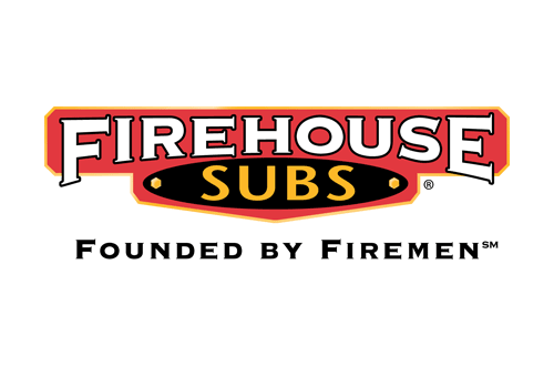 Firehouse Subs Logo - White serif type inside red background with yellow sans-serif type below in a black oval with serif black type below that