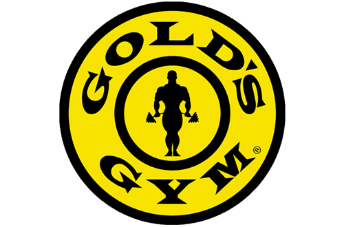 Golds Gym Logo - Black serif type inside yellow circle with illustration of a man lifting weights in center