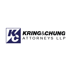 Kring & Chung Logo - Black uppercase sans-serif type with navy blue and white square to left with letters K and C inside