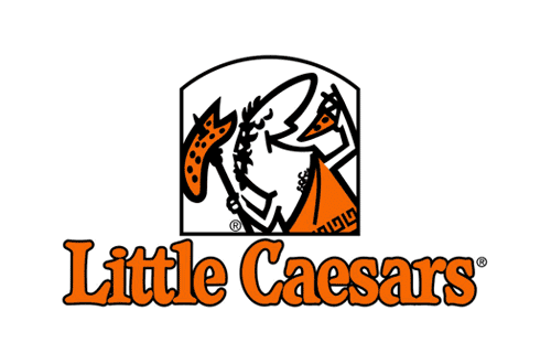 Little Caesars Logo - Orange serif type with black border and roman cartoon eating pizza above type
