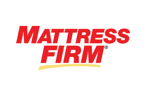 Mattress Firm Logo - Red uppercase sans-serif type with yellow underline