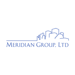 Meridian Group Ltd Logo - Blue line art drawing of city skyline above serif title caps type