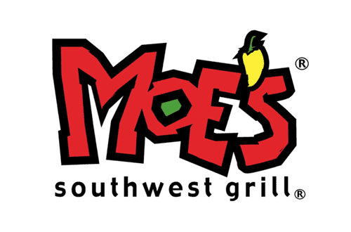 Moes SW Grill Logo - Red serif type with chili pepper as apostrophe in Moe's and lowercase type below