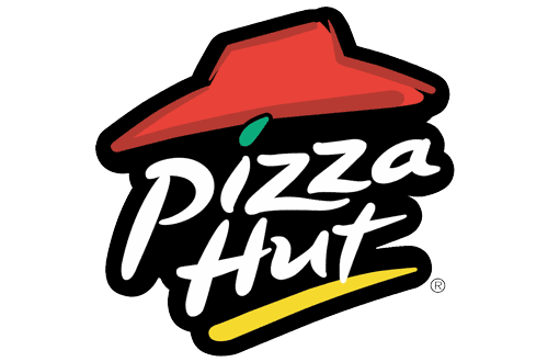 Pizza Hut Logo - White serif type with red roof above type and yellow underline and green dot on letter i
