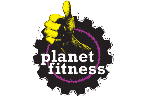 Planet Fitness Logo - White serif type inside black circle gear with yellow hand giving thumbs up