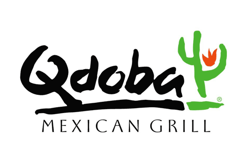 Qdoba Logo - Black serif type with green cactus on fire to right and uppercase type below