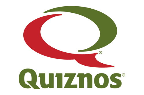 Quiznos Logo - Olive Green serif type with red and green Q above type