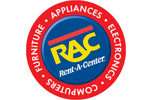Rent-a-Center Logo - White sans-serif type inside red circle with blue fill and yellow RAC type