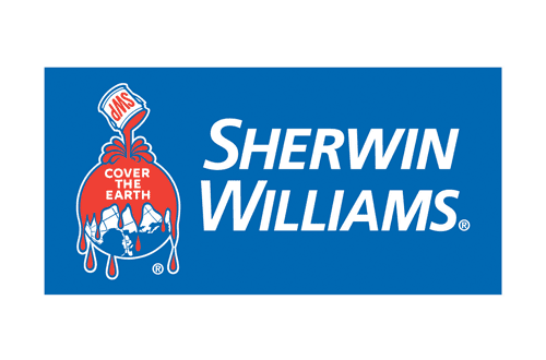 Sherwin Williams Logo - White sans-serif type inside blue rectangle with paint can pouring out over the earth