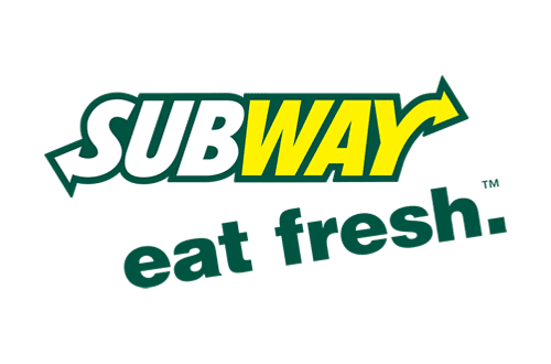 Subway Restaurant Logo - White and yellow sans-serif type with arrows at the ends and green type below