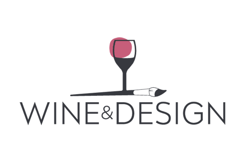 Wine Design Logo - Black sans-serif type with wine glass and paint brush above type