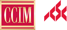 CCIM Logo - Red square with serif type inside with gold gradient and ICSC Logo - Red diamond pattern above white uppercase sans-serif type