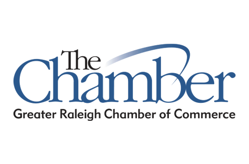 Raleigh Chamber Logo - Black and blue serif type with blue gradient swoosh