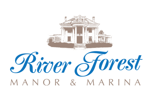 River Forest Manor & Marina Logo - Sepia illustration of manor with blue script type below and sans-serif subhead
