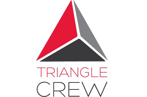 Triangle Crew Logo - 3 paneled triangle in red, dark gray, and light gray with light sans-serif type below