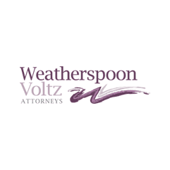 Weatherspoon & Voltz LLP Logo - Plum and lavender serif font with swoosh